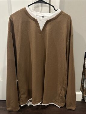 Casual Layered-Look Long Sleeve Top in Camel and White